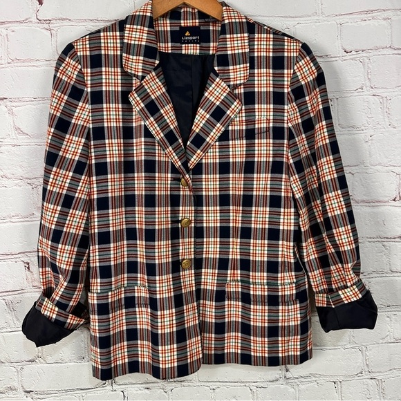 Vintage Liz Claiborne Red White navy blue Blazer Classic Suit Jacket size 8 P - Picture 2 of 8